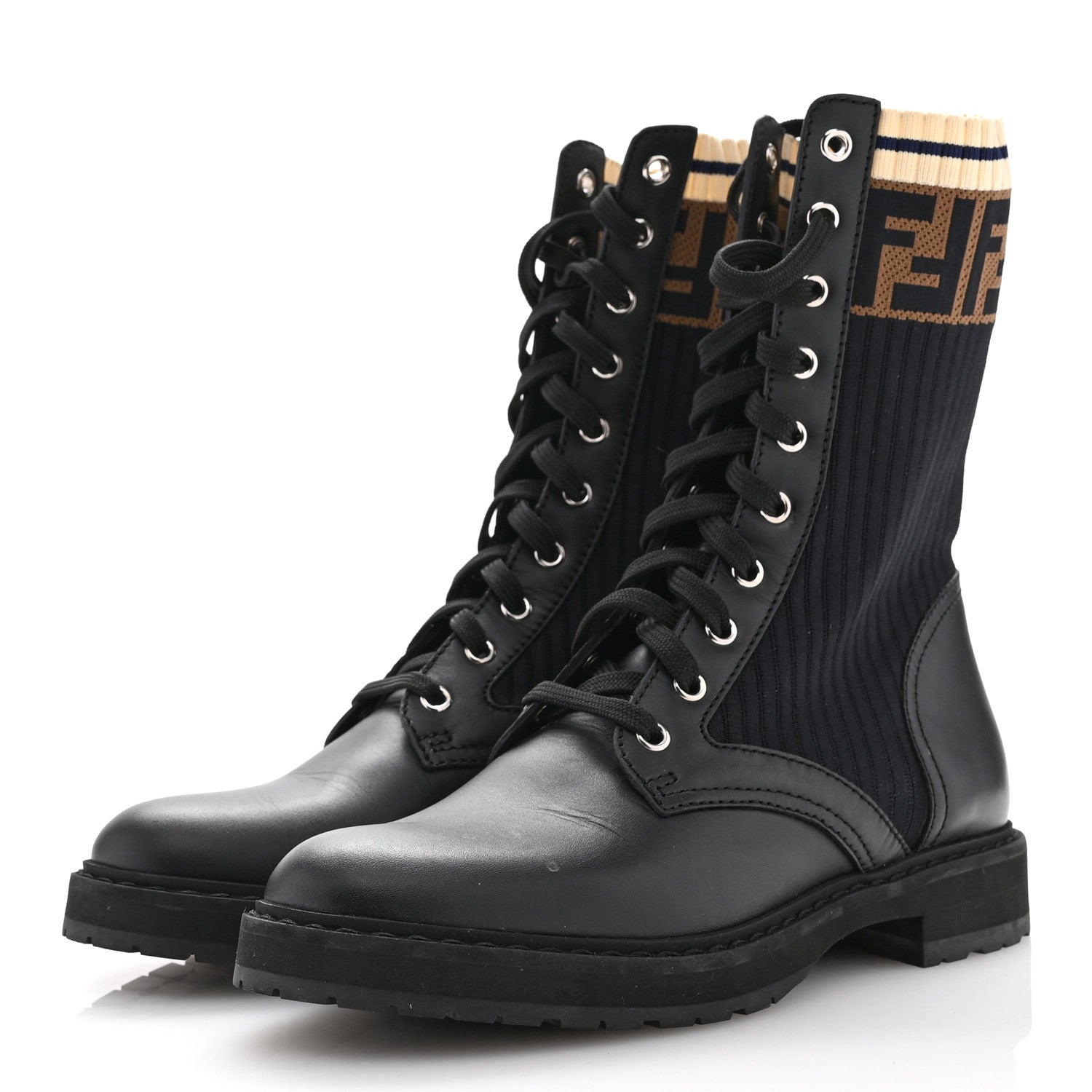 Fendi Calfskin Stretch Fabric Rockoko Biker Boots 38 Tobacco Black Marino 4 of 11