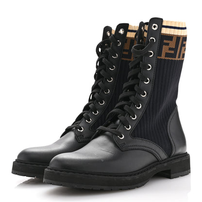 Fendi Calfskin Stretch Fabric Rockoko Biker Boots 38 Tobacco Black Marino 4 of 11