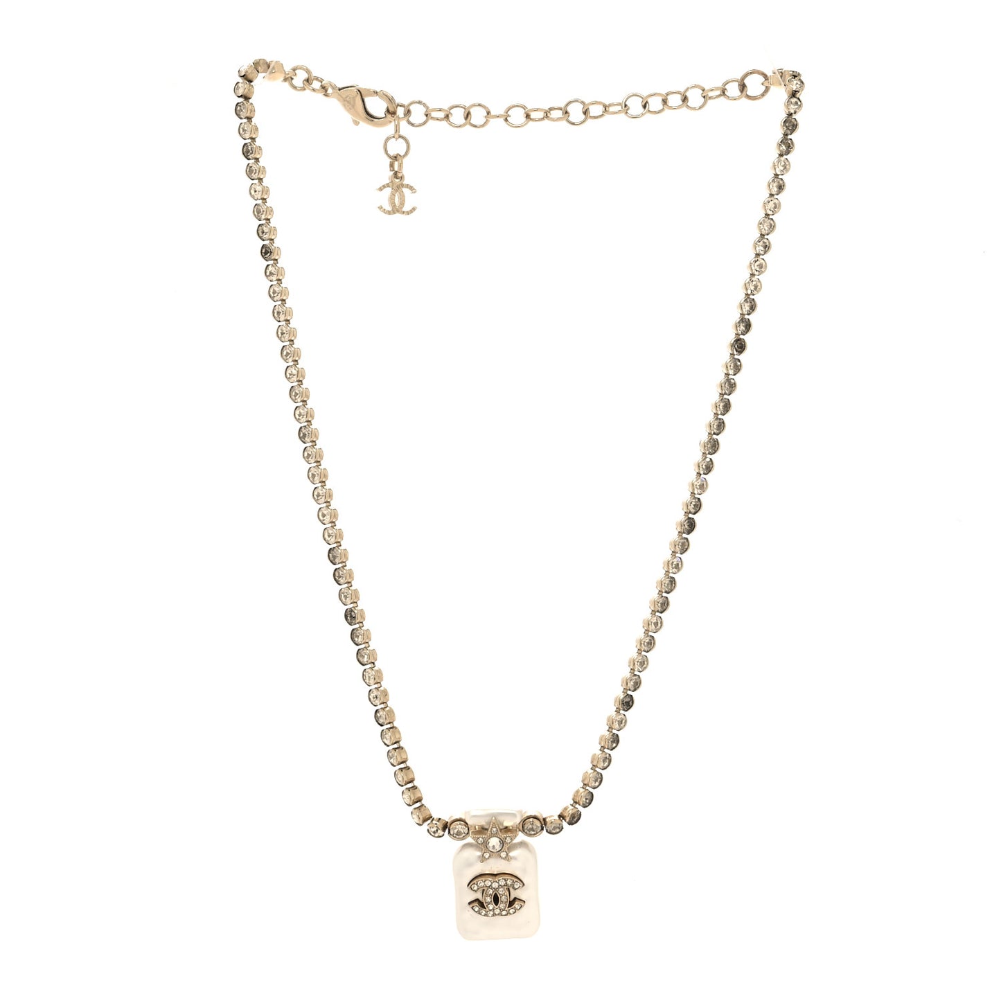 Pearl Resin Crystal CC Perfume Bottle Necklace Gold Pearly White