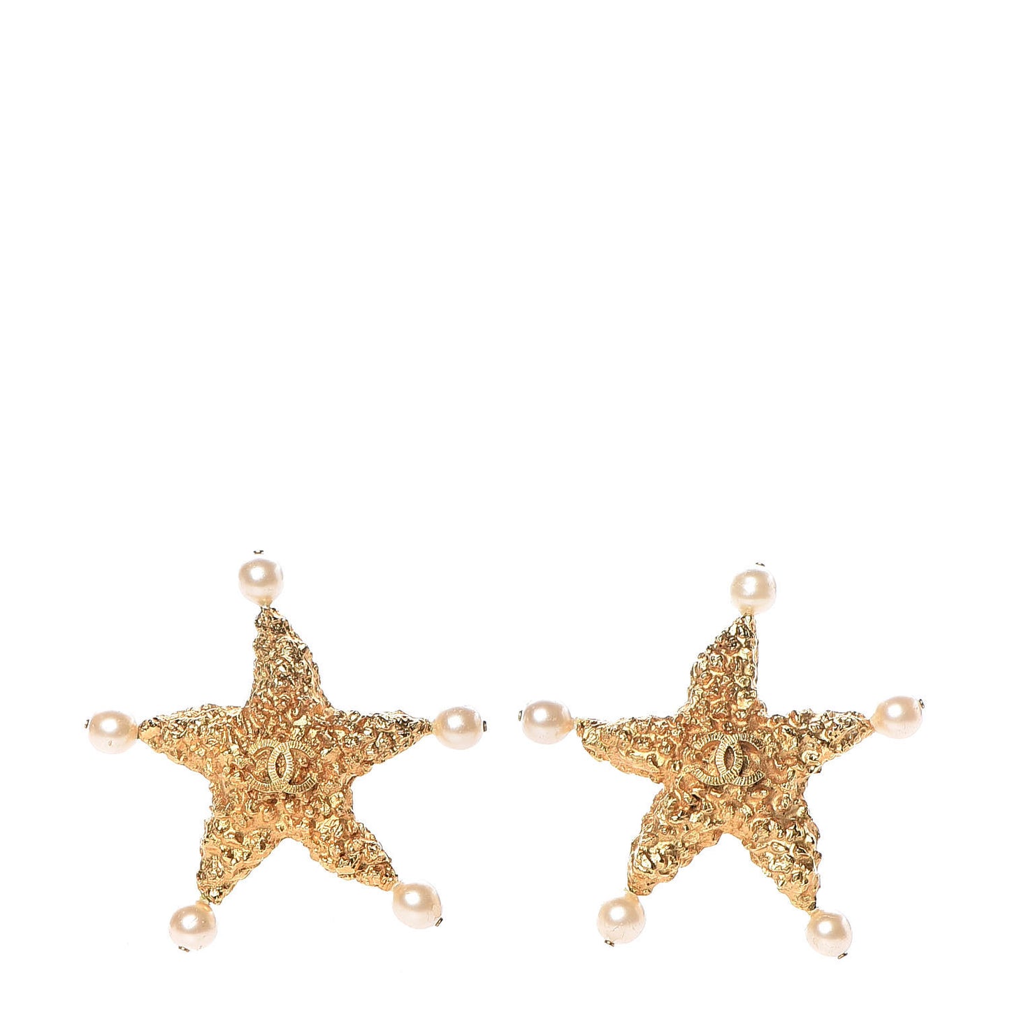 Pearl CC Hammered Star Clip On Earrings Gold