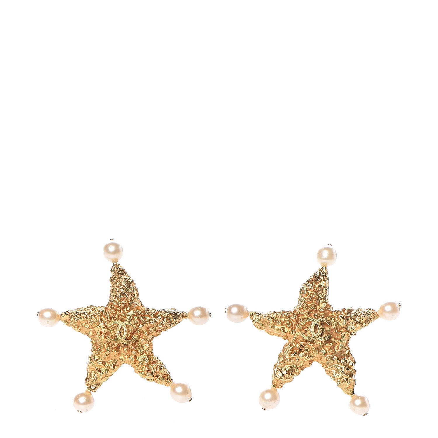 Chanel Pearl CC Hammered Star Clip On Earrings Gold 1 of 4
