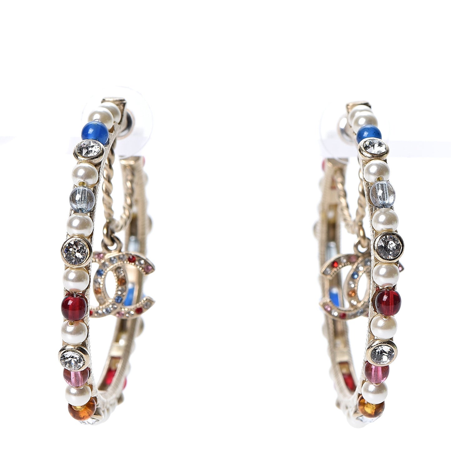 Crystal Pearl Bead CC Drop Hoop Earrings Gold Multicolor