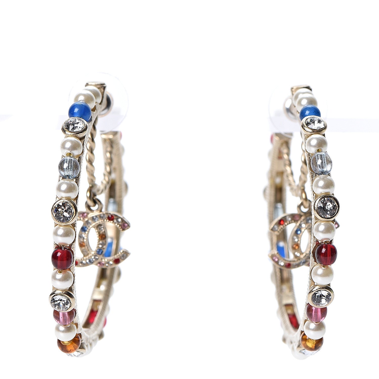 Chanel Crystal Pearl Bead CC Drop Hoop Earrings Gold Multicolor 1 of 4