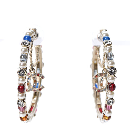 Chanel Crystal Pearl Bead CC Drop Hoop Earrings Gold Multicolor 1 of 4