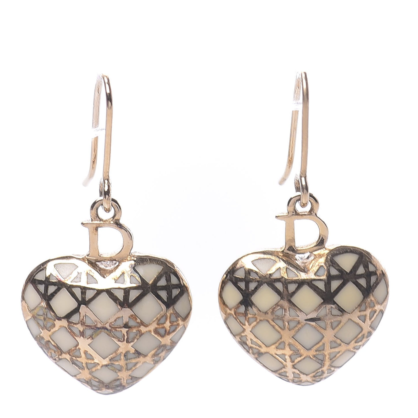 Metal Enamel Cannage Heart Earrings White Gold