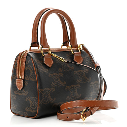 Celine Triomphe Canvas Calfskin Small Boston Bag Tan 3 of 11
