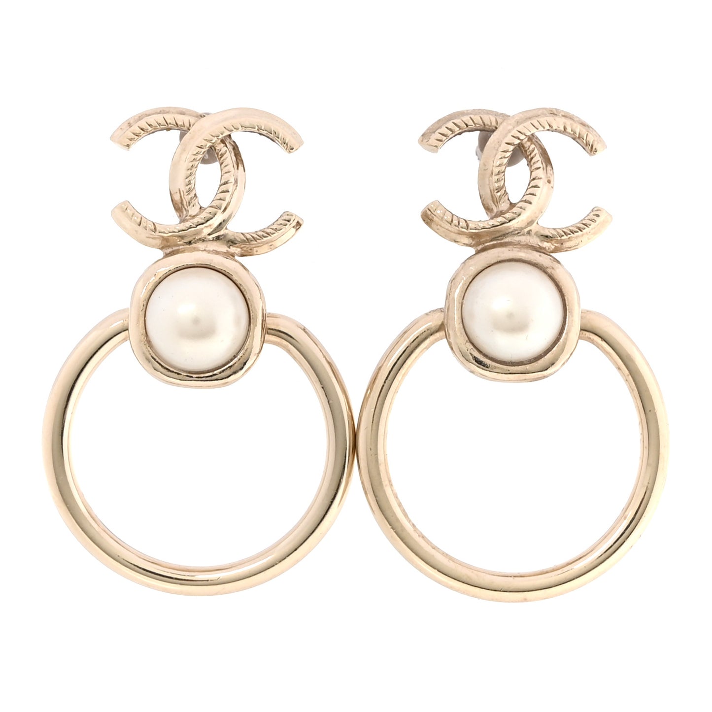 Metal Pearl CC Hoop Drop Earrings Gold