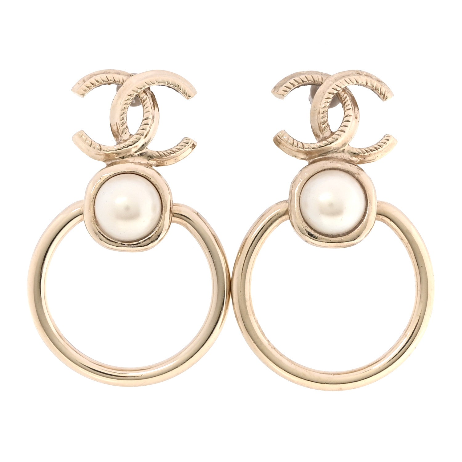 Chanel Metal Pearl CC Hoop Drop Earrings Gold 1 of 5