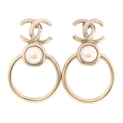 Chanel Metal Pearl CC Hoop Drop Earrings Gold 1 of 5