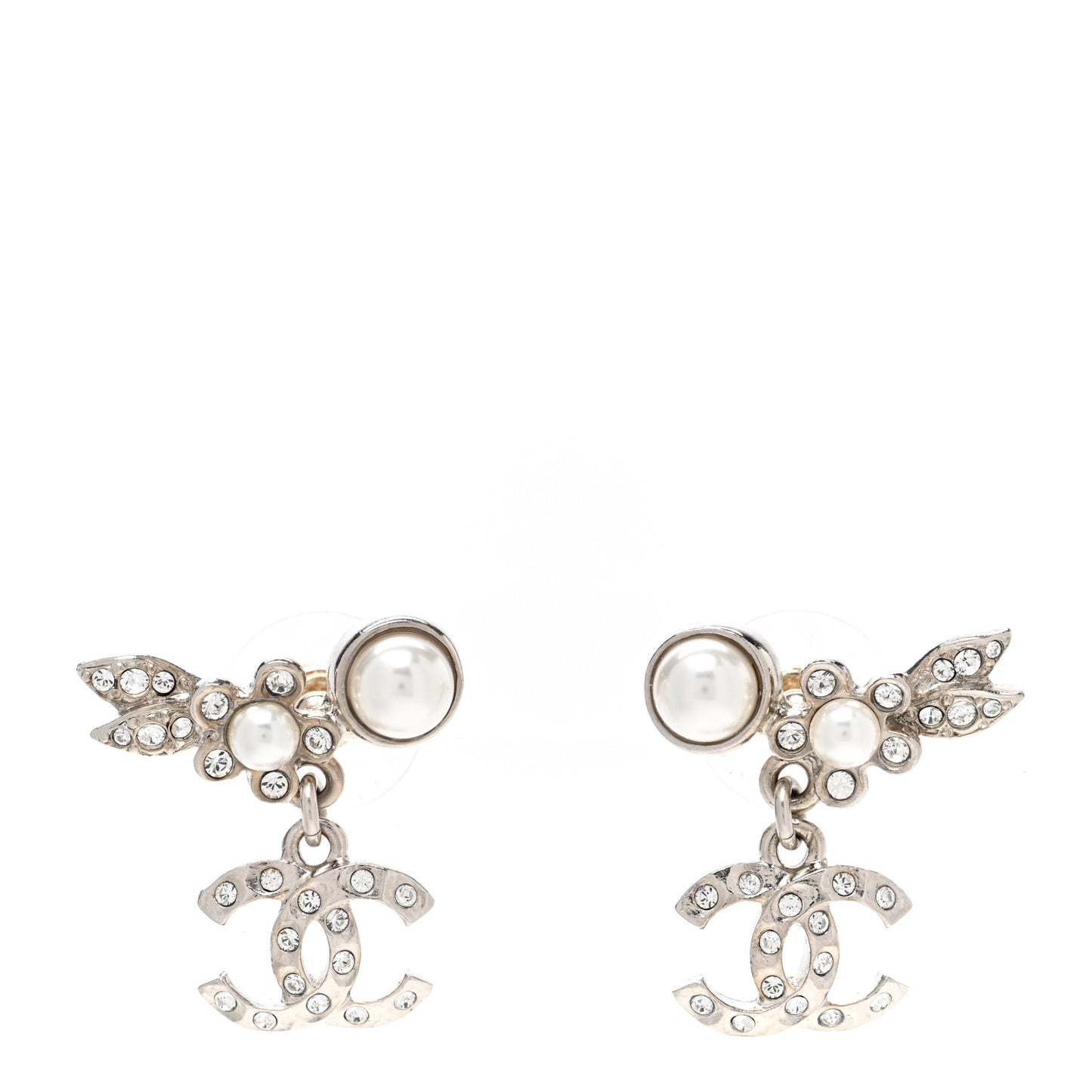 Crystal Pearl CC Leaf Earrings Silver