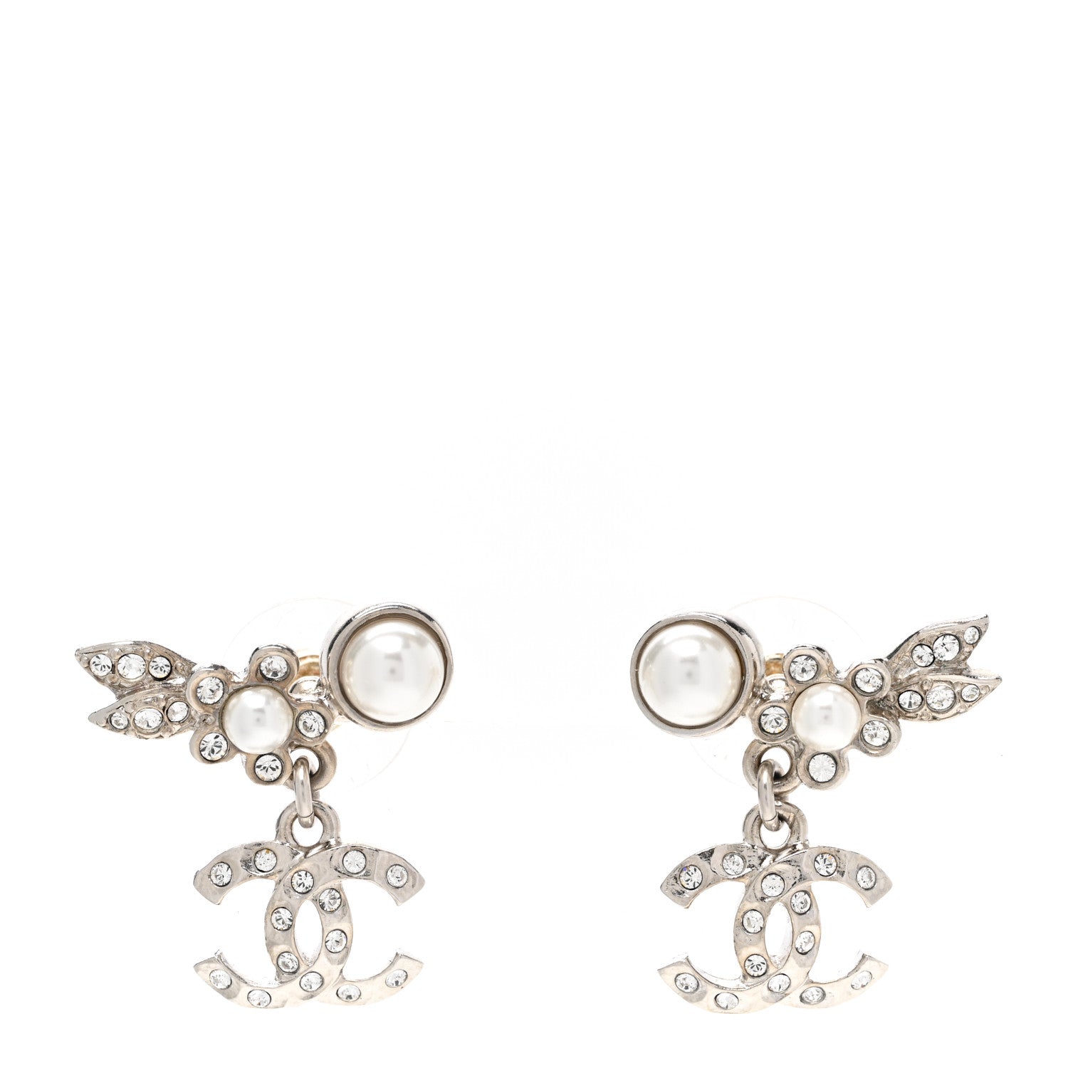 Chanel Crystal Pearl CC Leaf Earrings Silver 1 of 5
