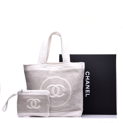 Chanel Terry Cotton CC Beach Tote Towel Set Beige White 9 of 9