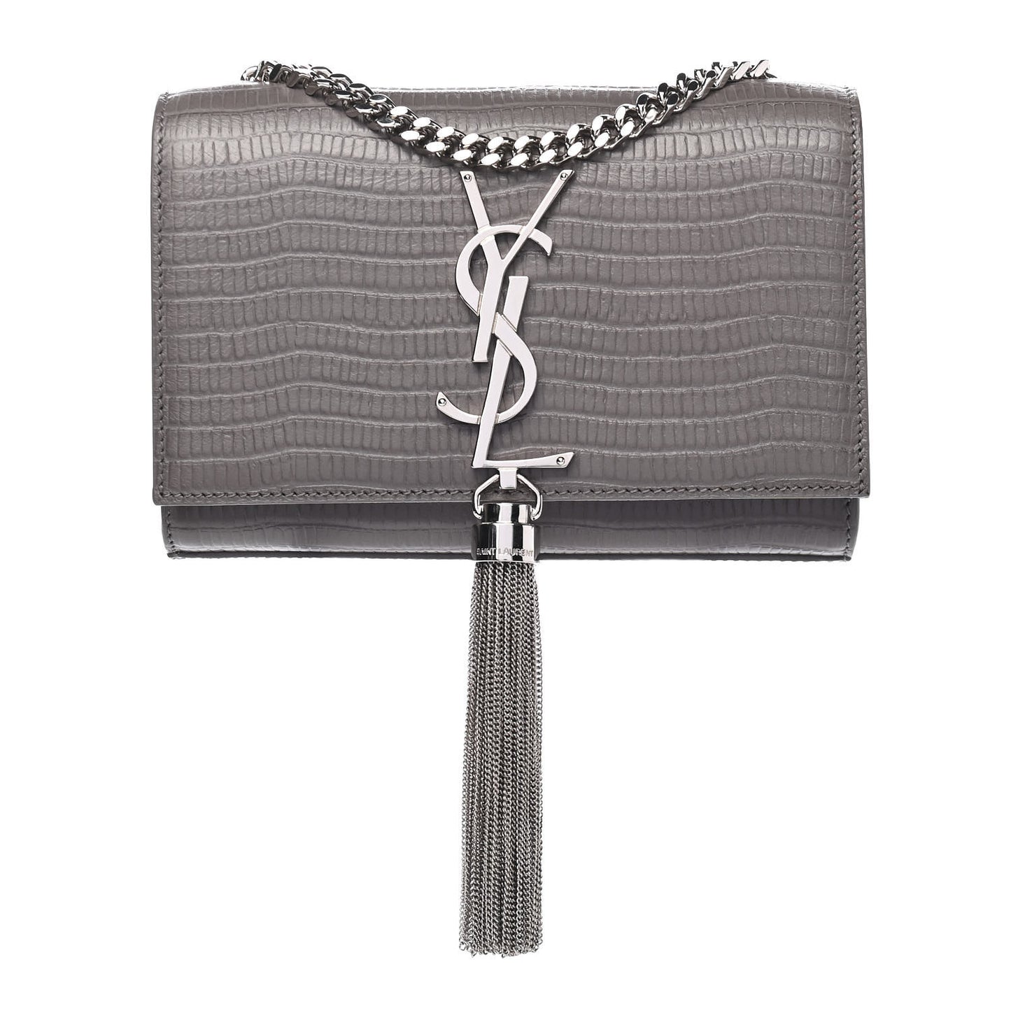 Calfskin Crocodile Embossed Small Classic Monogram Kate Tassel Satchel Fog