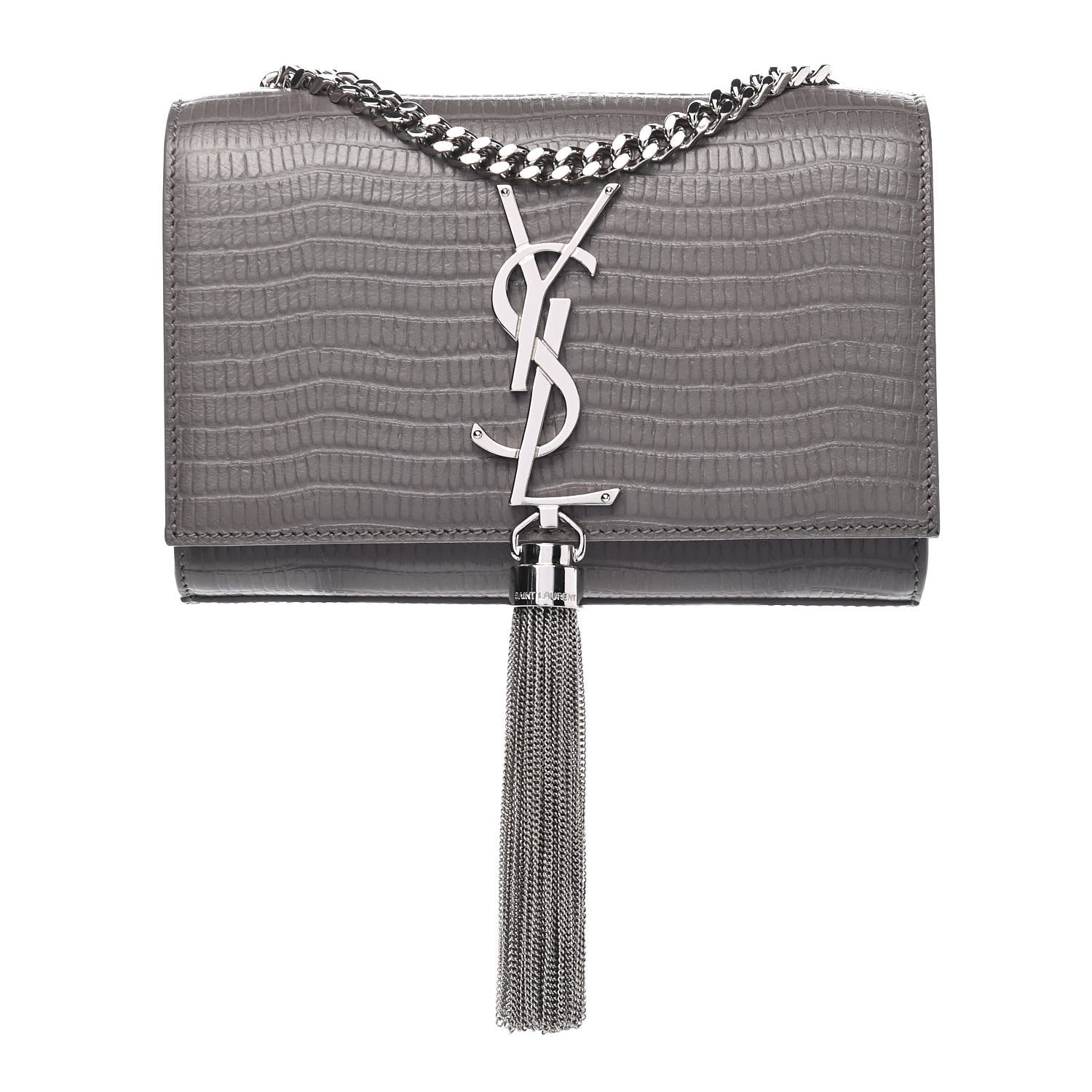 Saint Laurent Calfskin Crocodile Embossed Small Classic Monogram Kate Tassel Satchel Fog 1 of 8