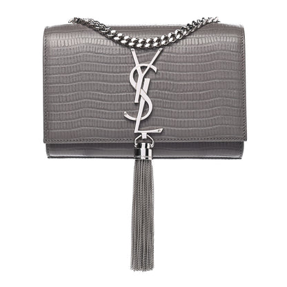 Saint Laurent Calfskin Crocodile Embossed Small Classic Monogram Kate Tassel Satchel Fog 1 of 8