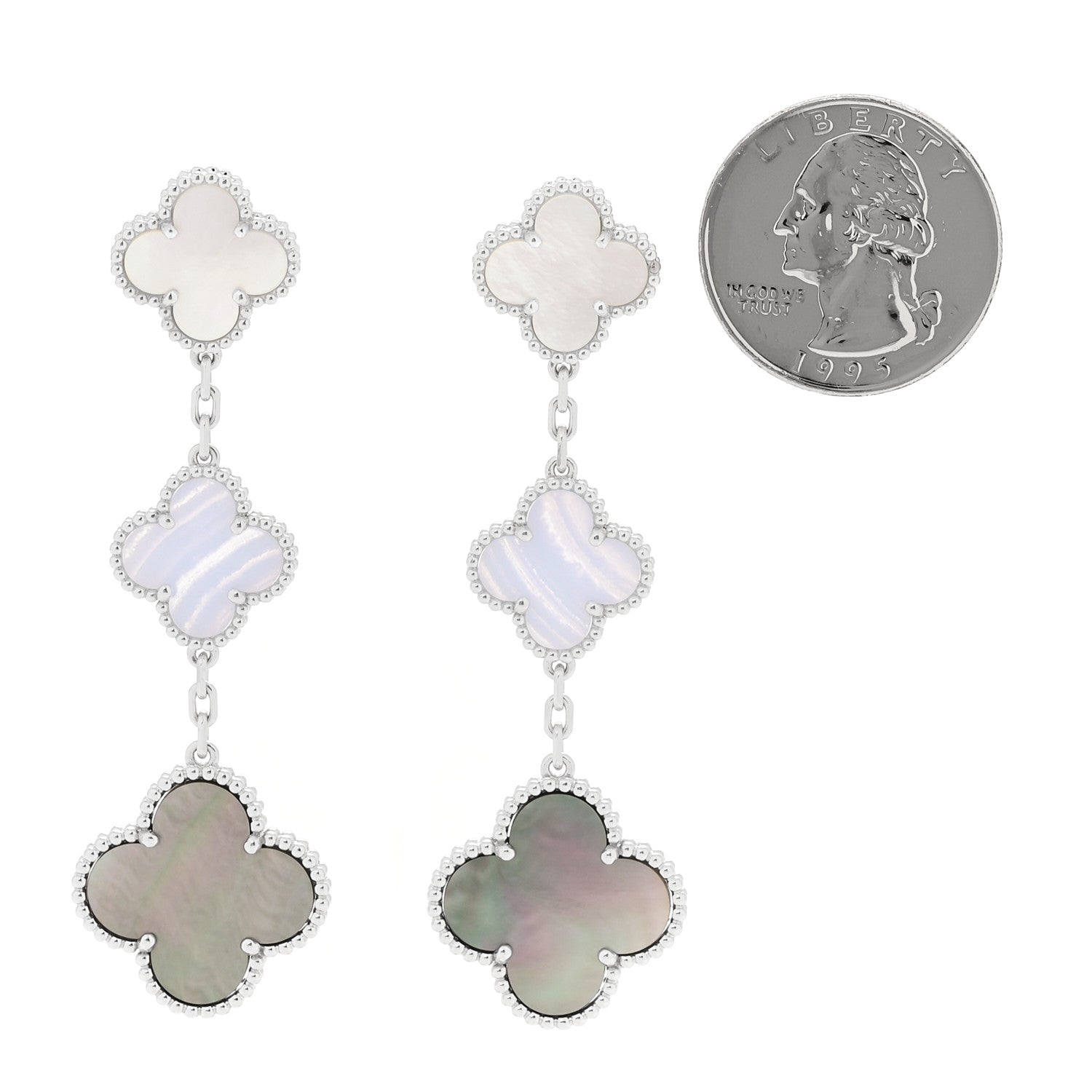 Van Cleef & Arpels 18K White Gold Mother of Pearl Chalcedony 3 Motifs Magic Alhambra Earrings 2 of 5