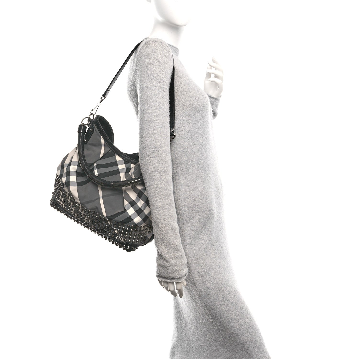 Burberry Nylon Beat Check Studded Hobo Black 2 of 9