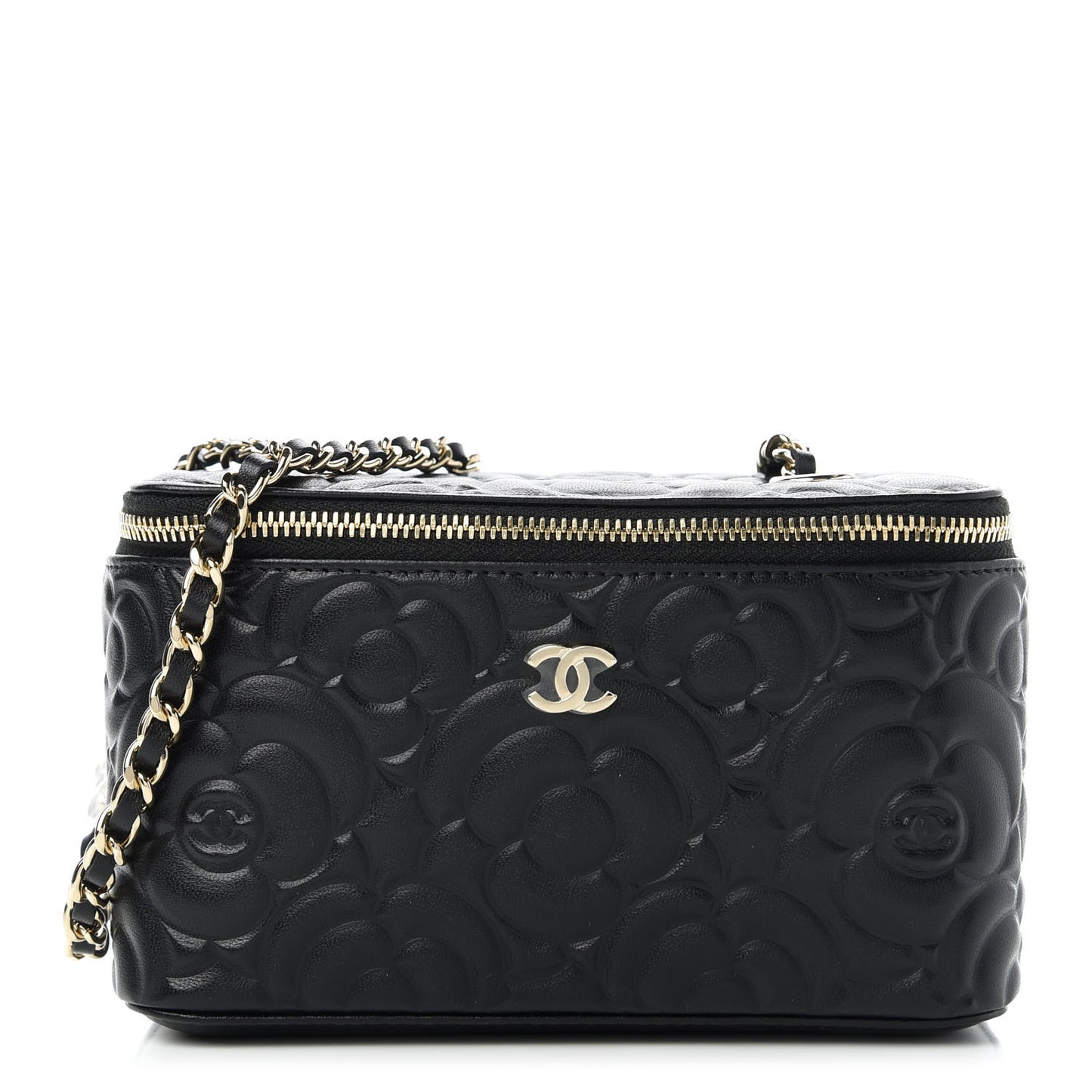 Lambskin Camellia Embossed Small Vanity Case With Chain Black