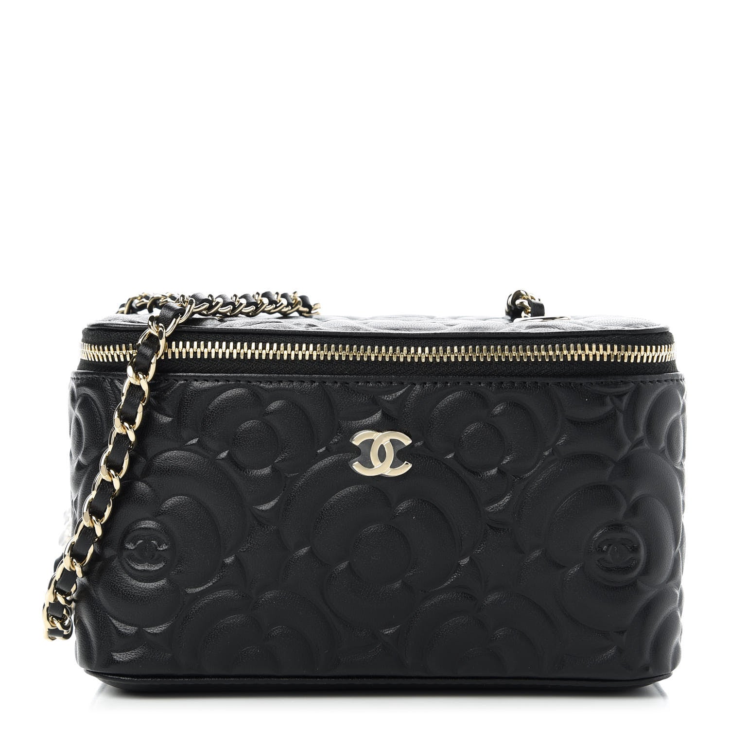 Chanel Lambskin Camellia Embossed Small Vanity Case With Chain Black 1 of 11
