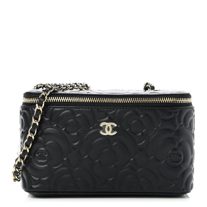 Chanel Lambskin Camellia Embossed Small Vanity Case With Chain Black 1 of 11