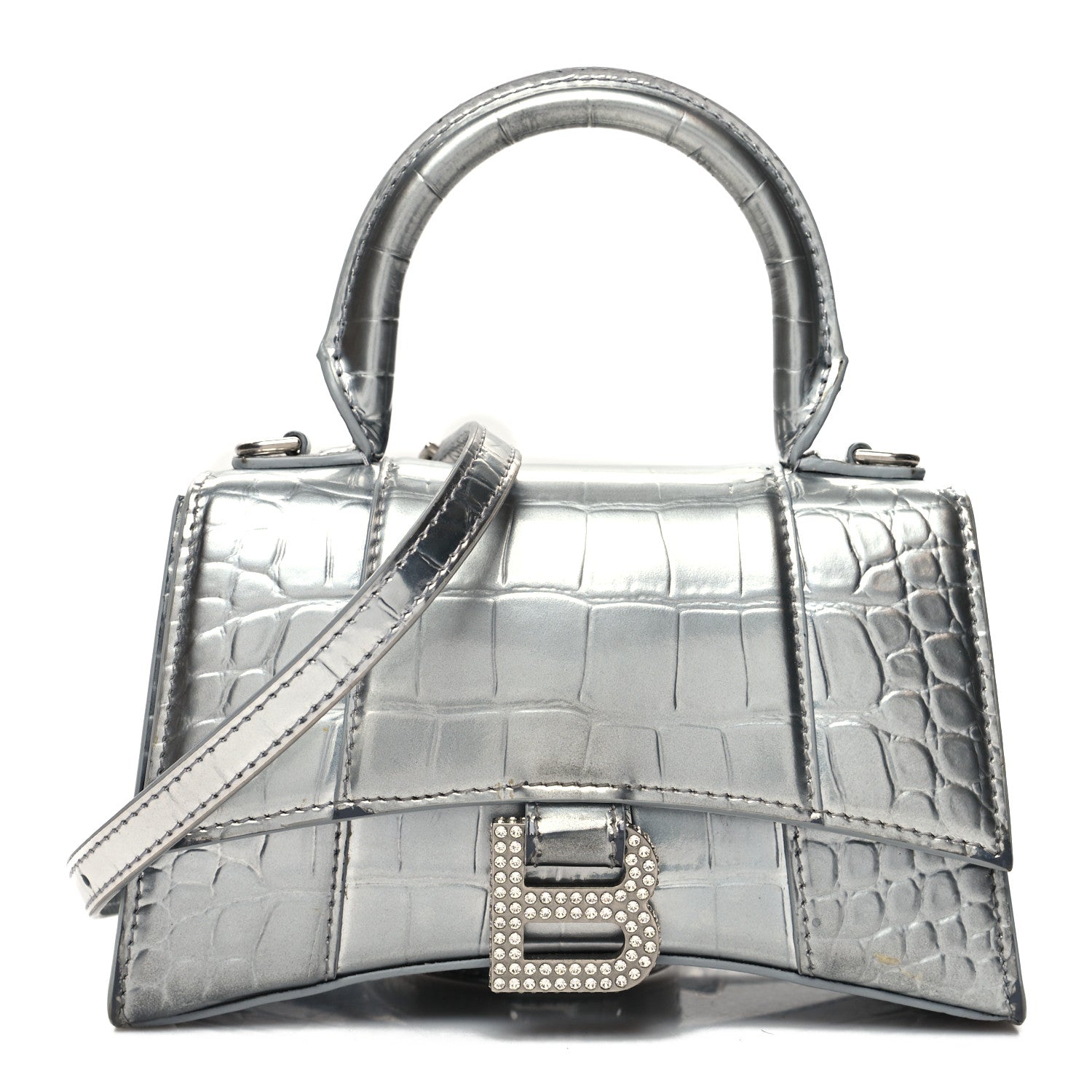 Balenciaga Metallic Calfskin Crocodile Embossed Crystal Hourglass Top Handle Bag XS Silver 1 of 12