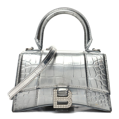 Balenciaga Metallic Calfskin Crocodile Embossed Crystal Hourglass Top Handle Bag XS Silver 1 of 12