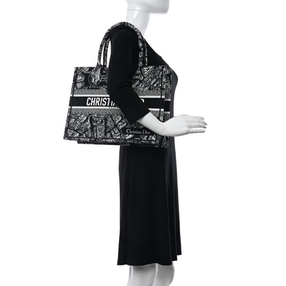 Christian Dior Canvas Embroidered Medium Plan De Paris Book Tote Black White 2 of 10