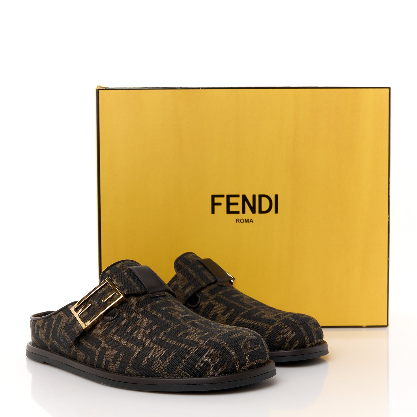 Fabric Jacquard Nappa FF Womens Sabot Mules 39 Tobacco Black