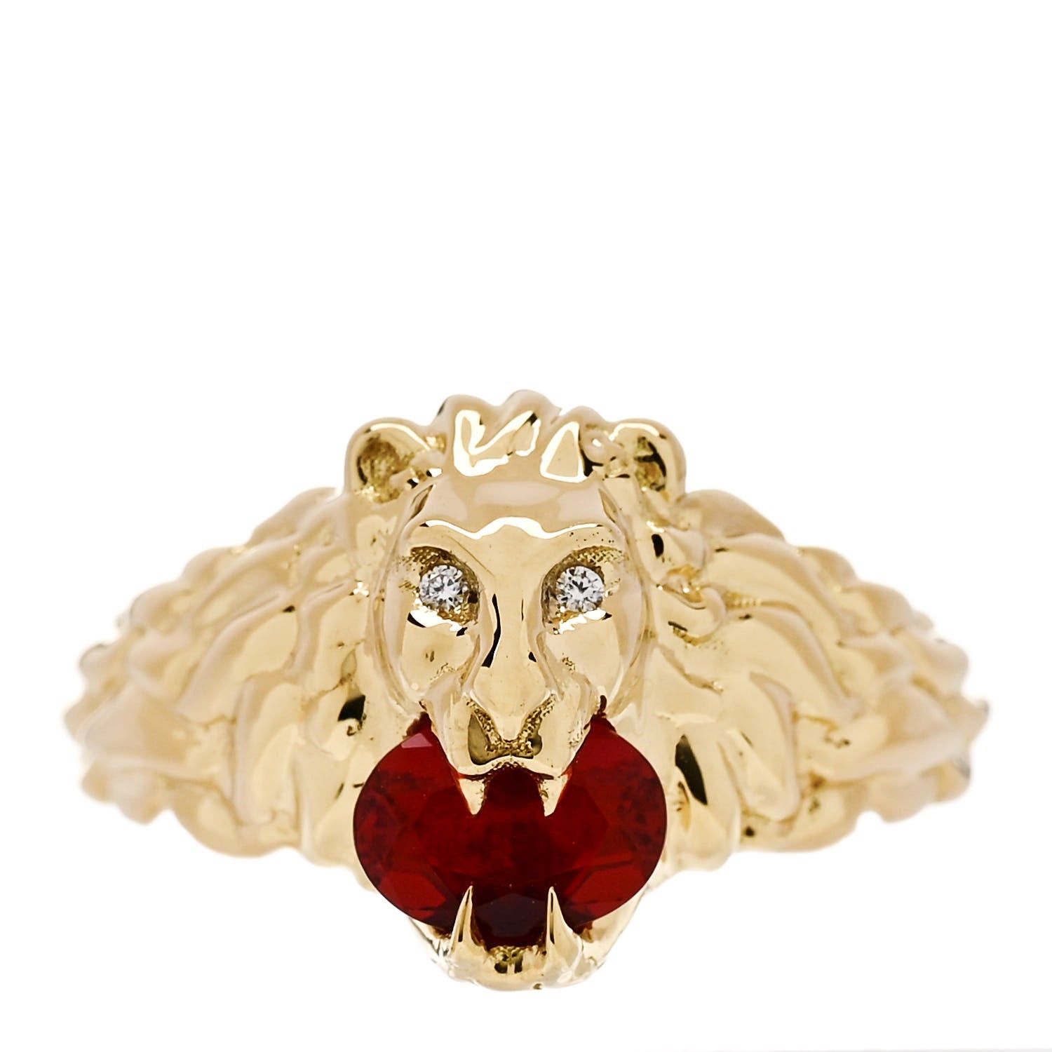 Gucci 18K Yellow Gold Diamond Fire Opal Lion Head Ring 55 7.25 1 of 6