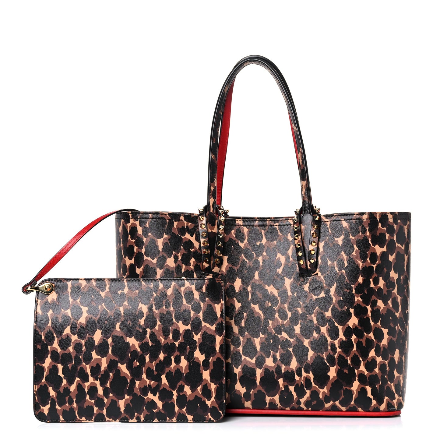 Calfskin Leopard Print Spikes Small East West Cabata Tote Brown