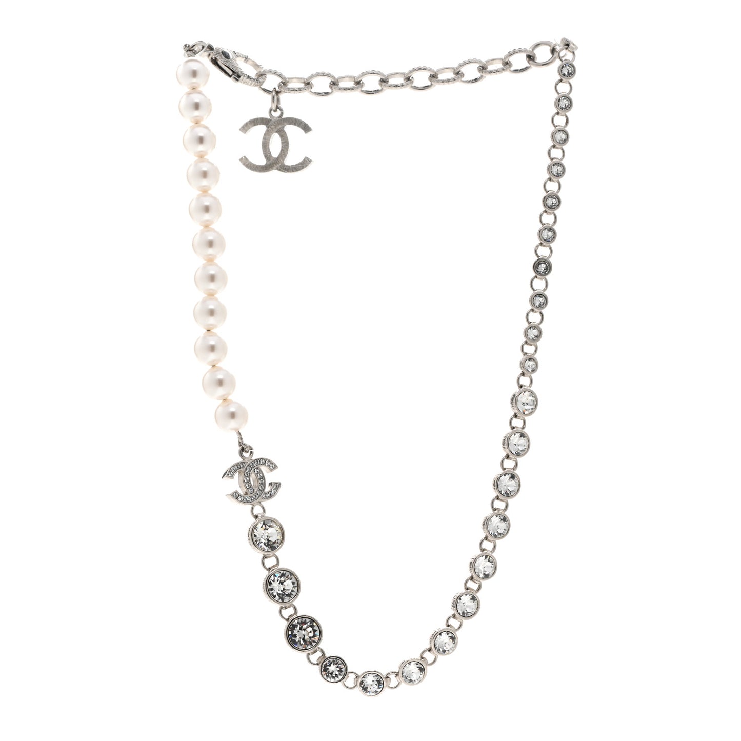 Pearl Crystal CC Choker Necklace Silver
