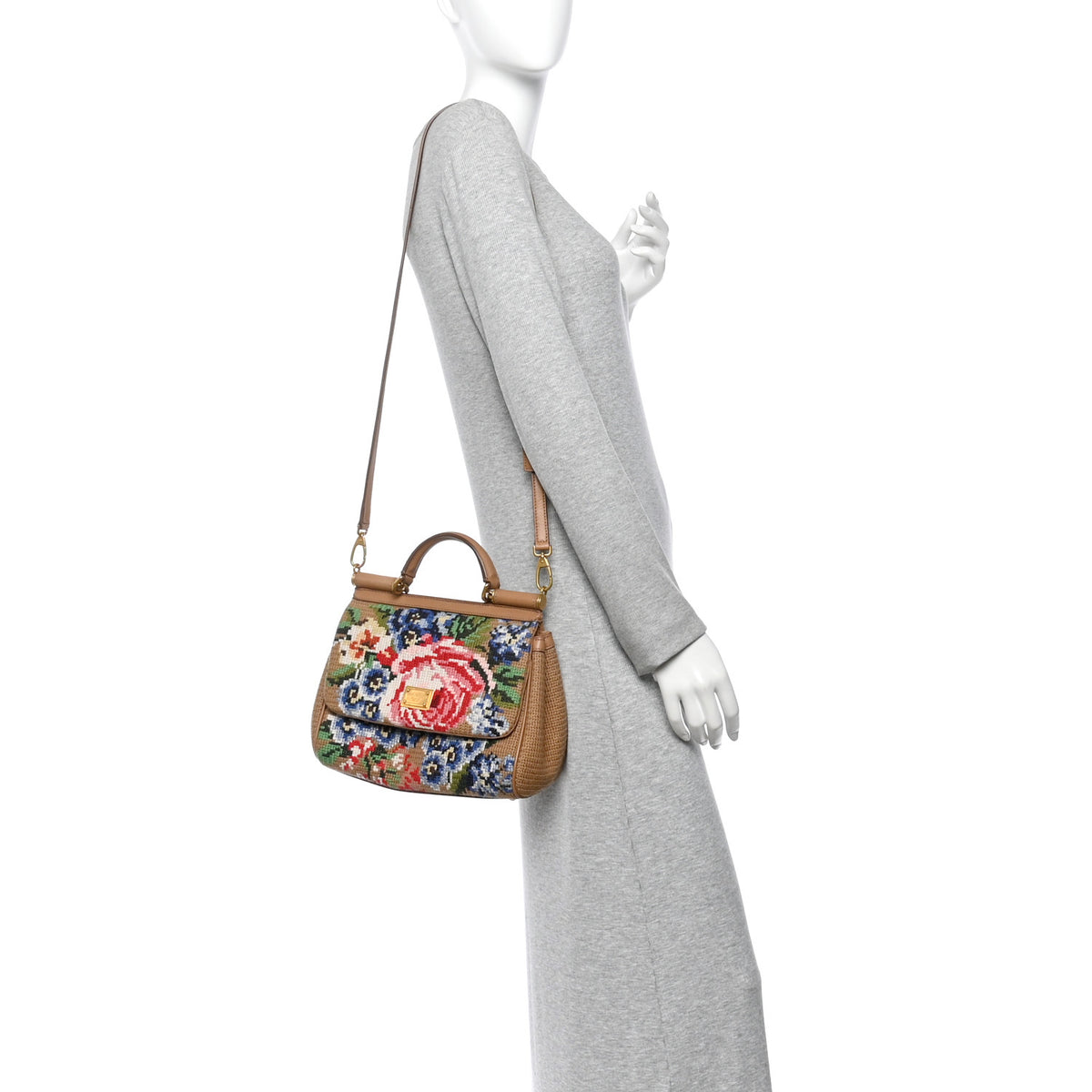 Crochet Embroidered Floral Print Miss Sicily Top Handle Flap Cammell Multicolor