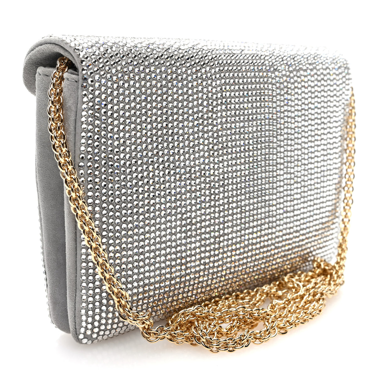 Valentino Garavani Crystal Suede Embellished Small One Stud Clutch With Chain Silver 2 of 8