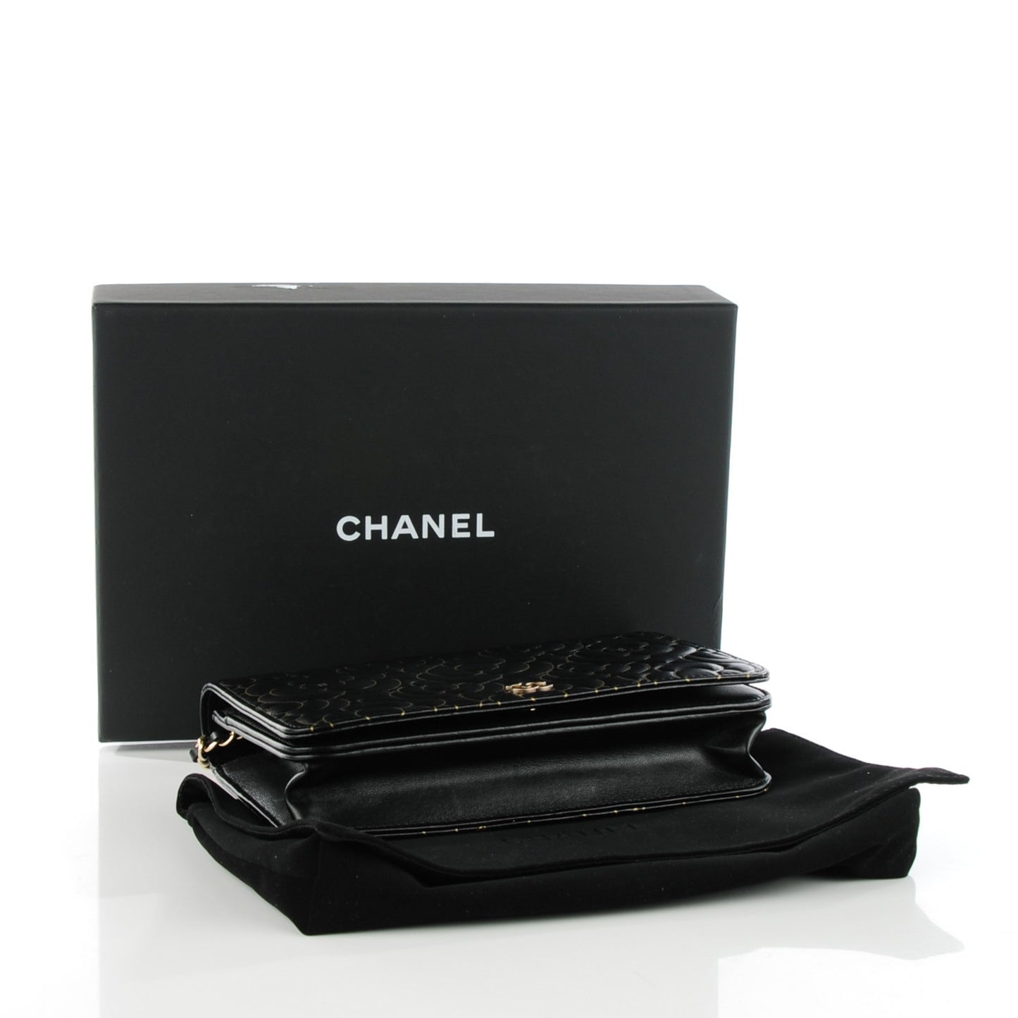 Lambskin Camellia Embossed Wallet On Chain WOC Black Gold