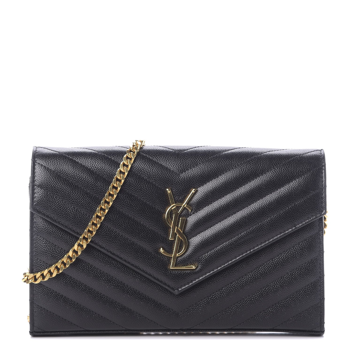 Saint Laurent Grain De Poudre Matelasse Chevron Monogram Chain Wallet Black 1 of 10