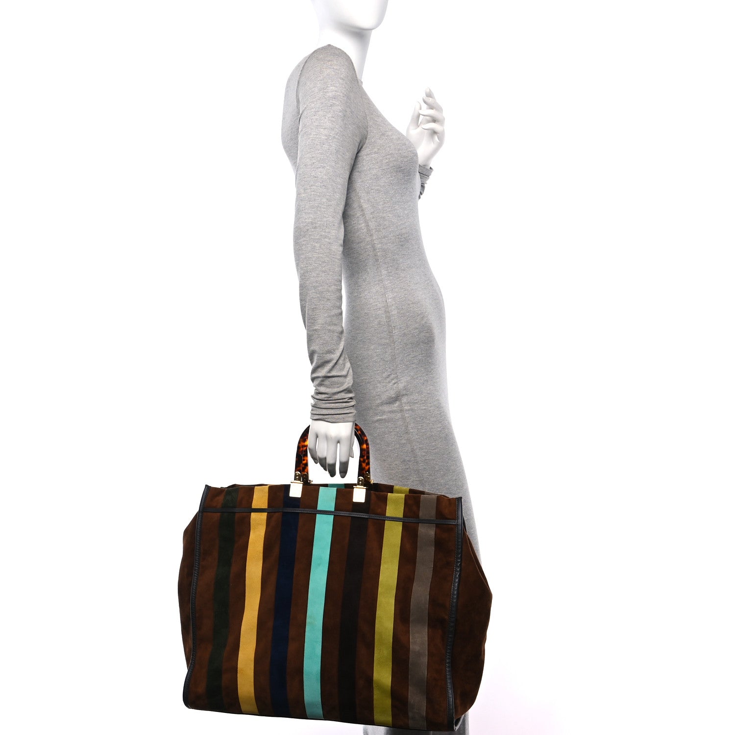 Fendi Suede Striped Fendi Sunshine Shopper Tote Brown Multicolor 2 of 9
