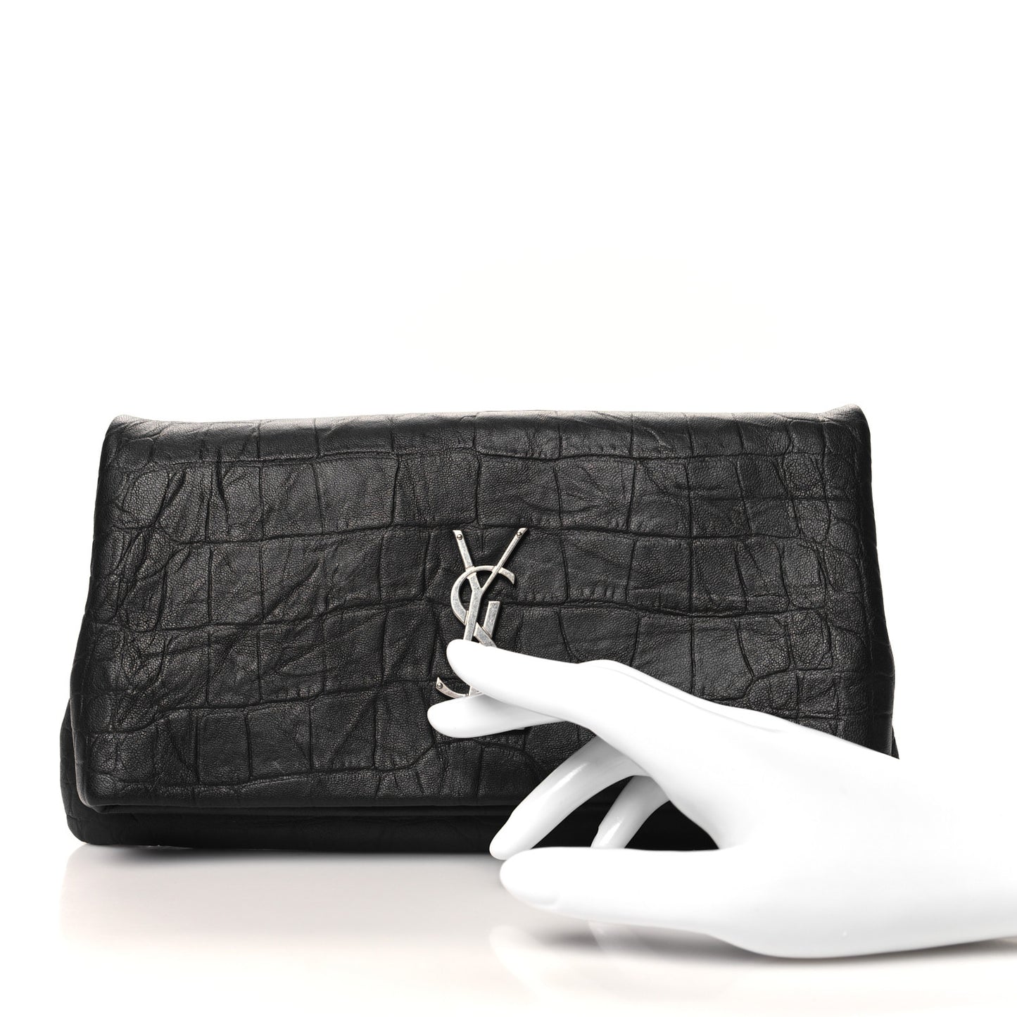 Calfskin Crocodile Embossed West Hollywood Monogram Fold Over Clutch Black