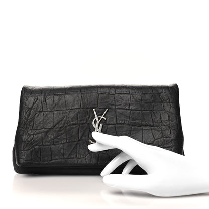 Saint Laurent Calfskin Crocodile Embossed West Hollywood Monogram Fold Over Clutch Black 2 of 10