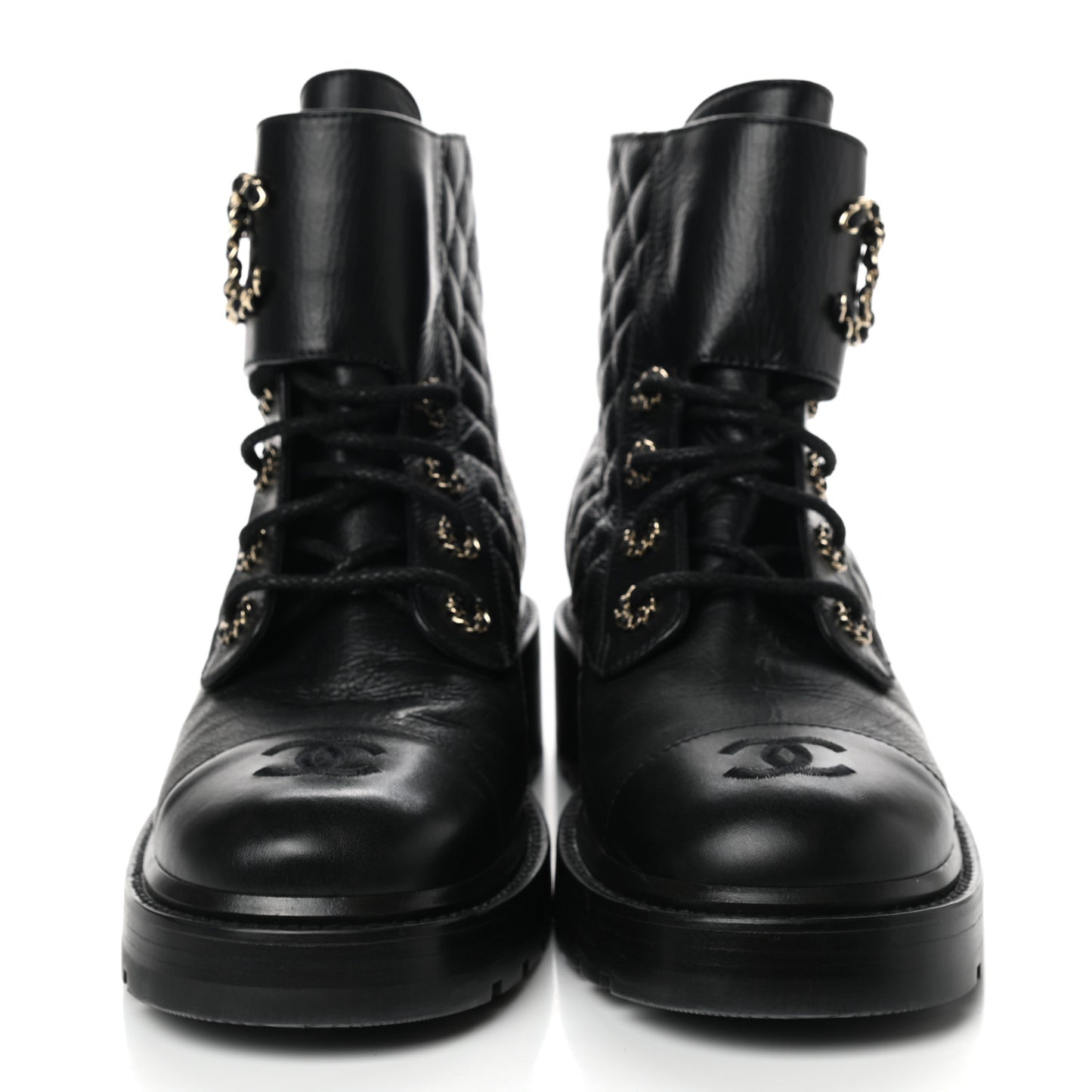Shiny Goatskin Calfskin Quilted Lace Up Combat Boots 40 Black