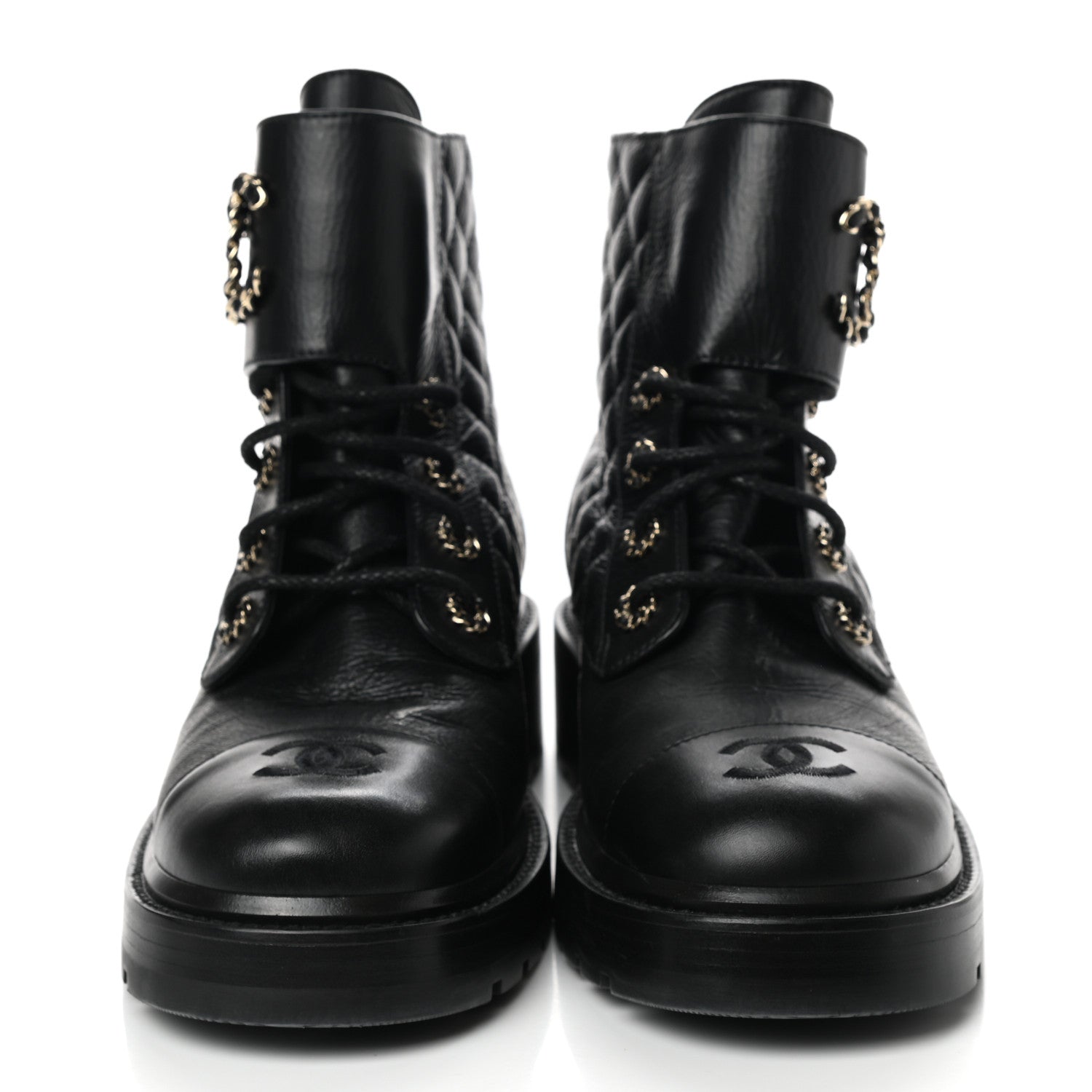 Chanel Shiny Goatskin Calfskin Quilted Lace Up Combat Boots 40 Black 2 of 9