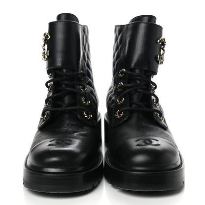 Chanel Shiny Goatskin Calfskin Quilted Lace Up Combat Boots 40 Black 2 of 9