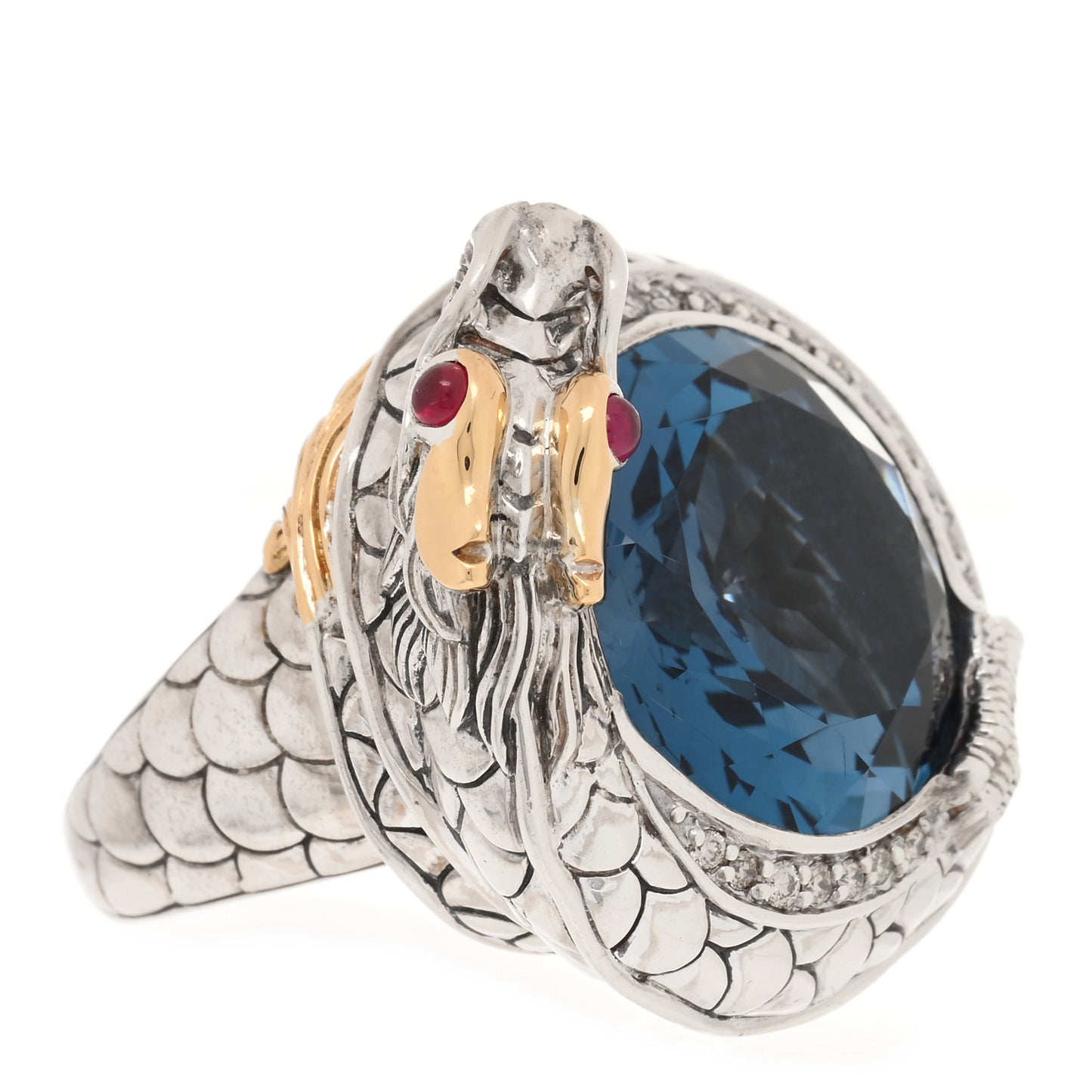 Sterling Silver 18K Yellow Gold Diamond Blue Topaz Ruby Naga Dragon Ring 54 7