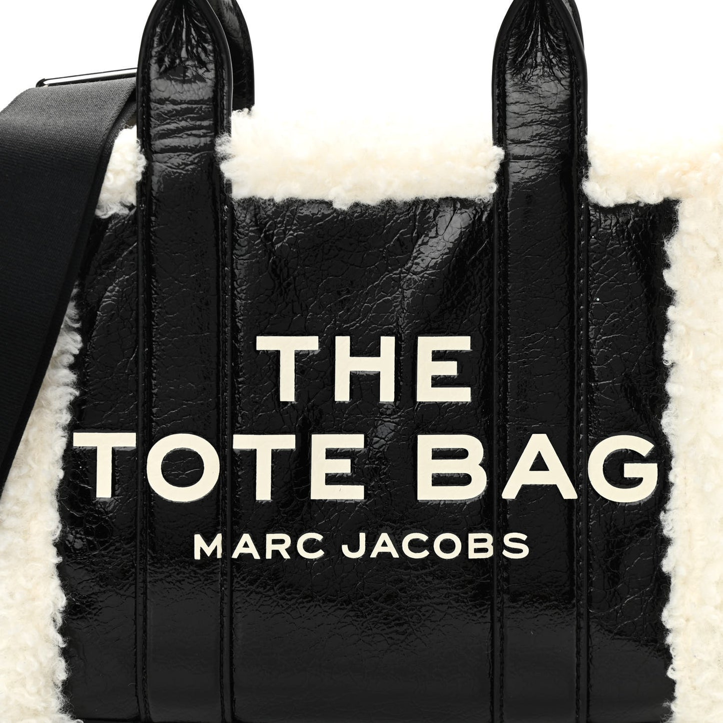 Shiny Calfskin Faux Shearling Small The Traveler Tote Bag Black