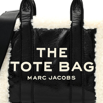 Marc Jacobs Shiny Calfskin Faux Shearling Small The Traveler Tote Bag Black 8 of 10