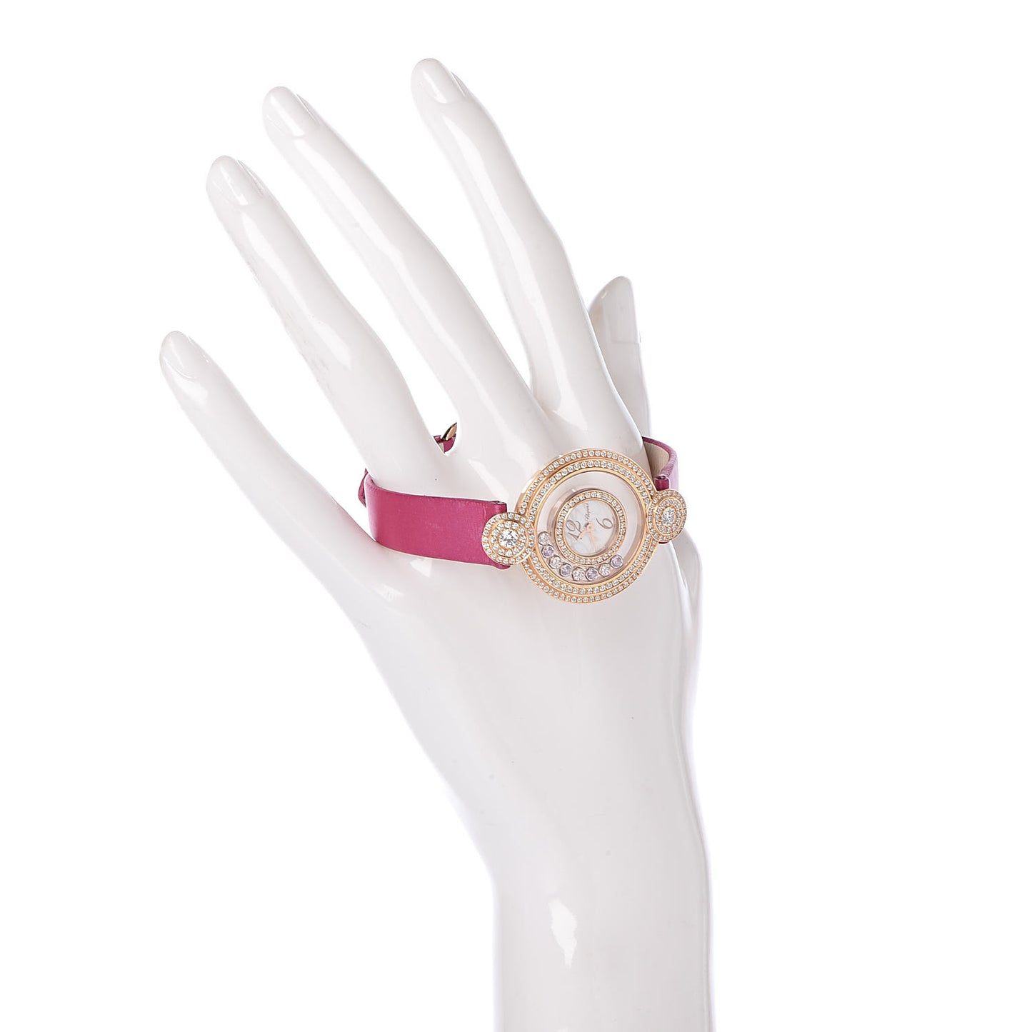 18K Rose Gold Satin Diamond Pave Bezel Pink Sapphire Mother of Pearl 30mm Happy Diamonds Icons Quartz Watch