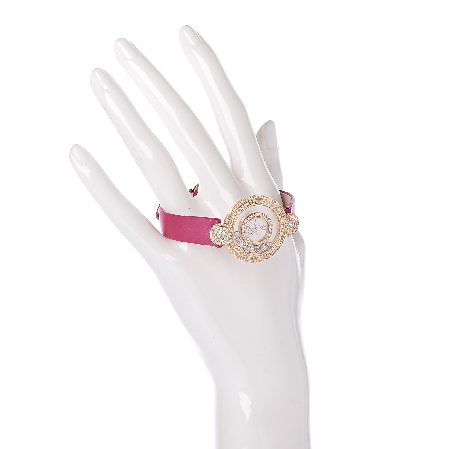 Chopard 18K Rose Gold Satin Diamond Pave Bezel Pink Sapphire Mother of Pearl 30mm Happy Diamonds Icons Quartz Watch 2 of 8