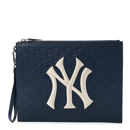 Gucci X MLB Guccissima NY Yankees Zip Wristlet Pouch Royale Ivory 1 of 8