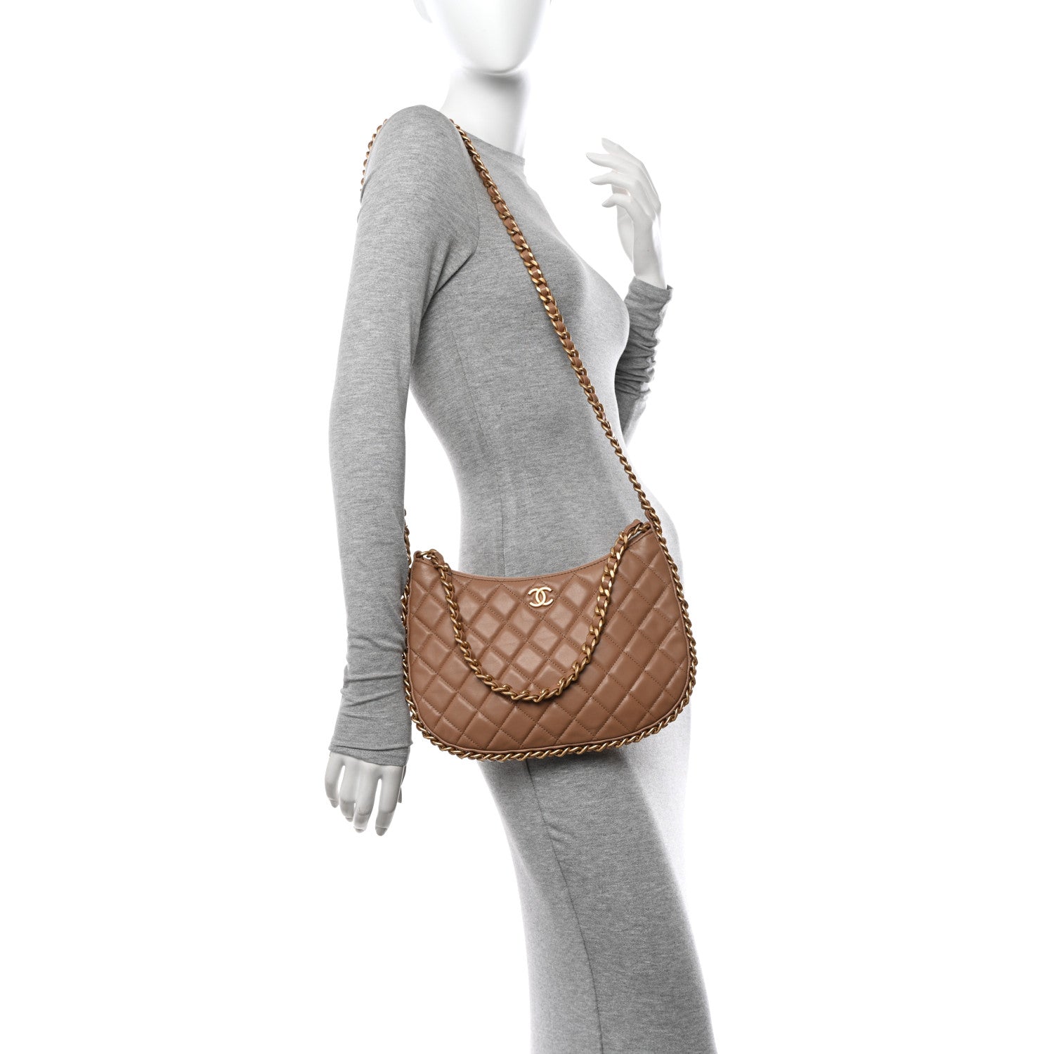 Chanel Shiny Crumpled Lambskin Quilted Large Trendy Chain Around Hobo Dark Beige 2 of 11