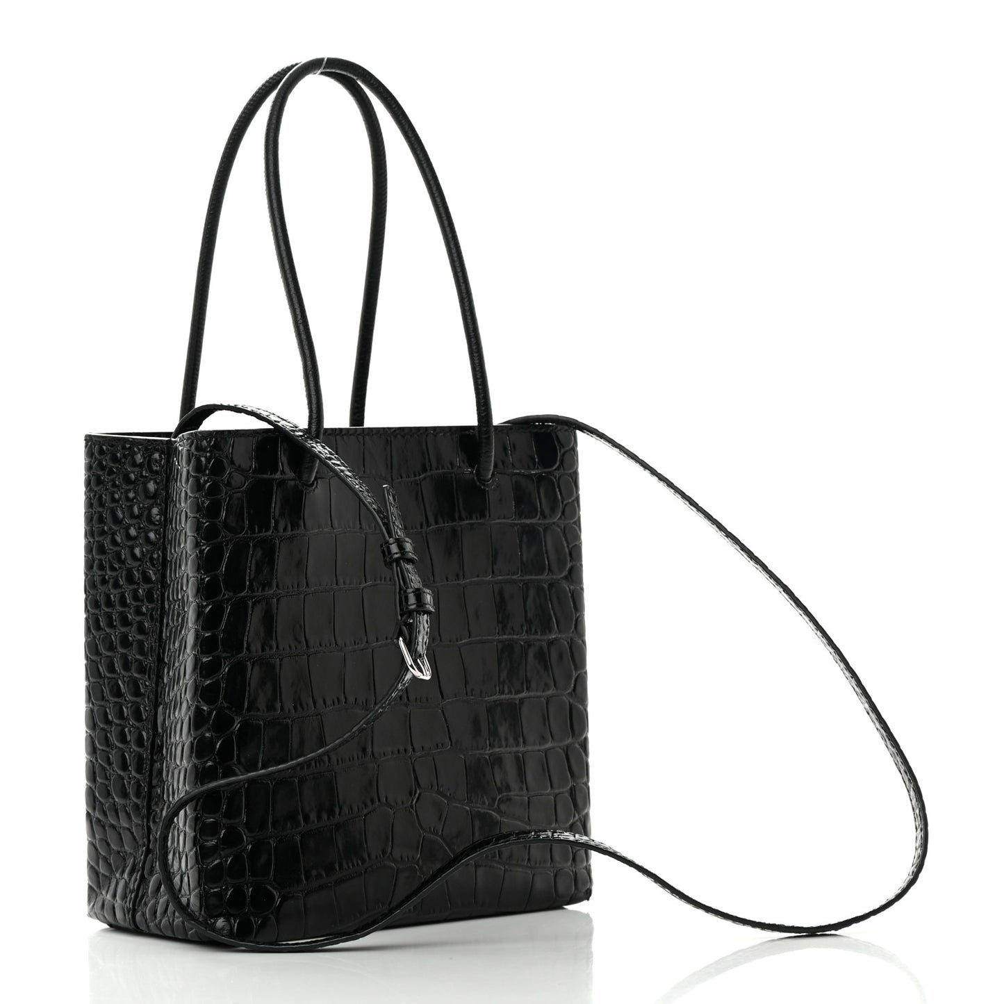 Shiny Calfskin Logo Crocodile Embossed North South Shopper Tote XXS Black White