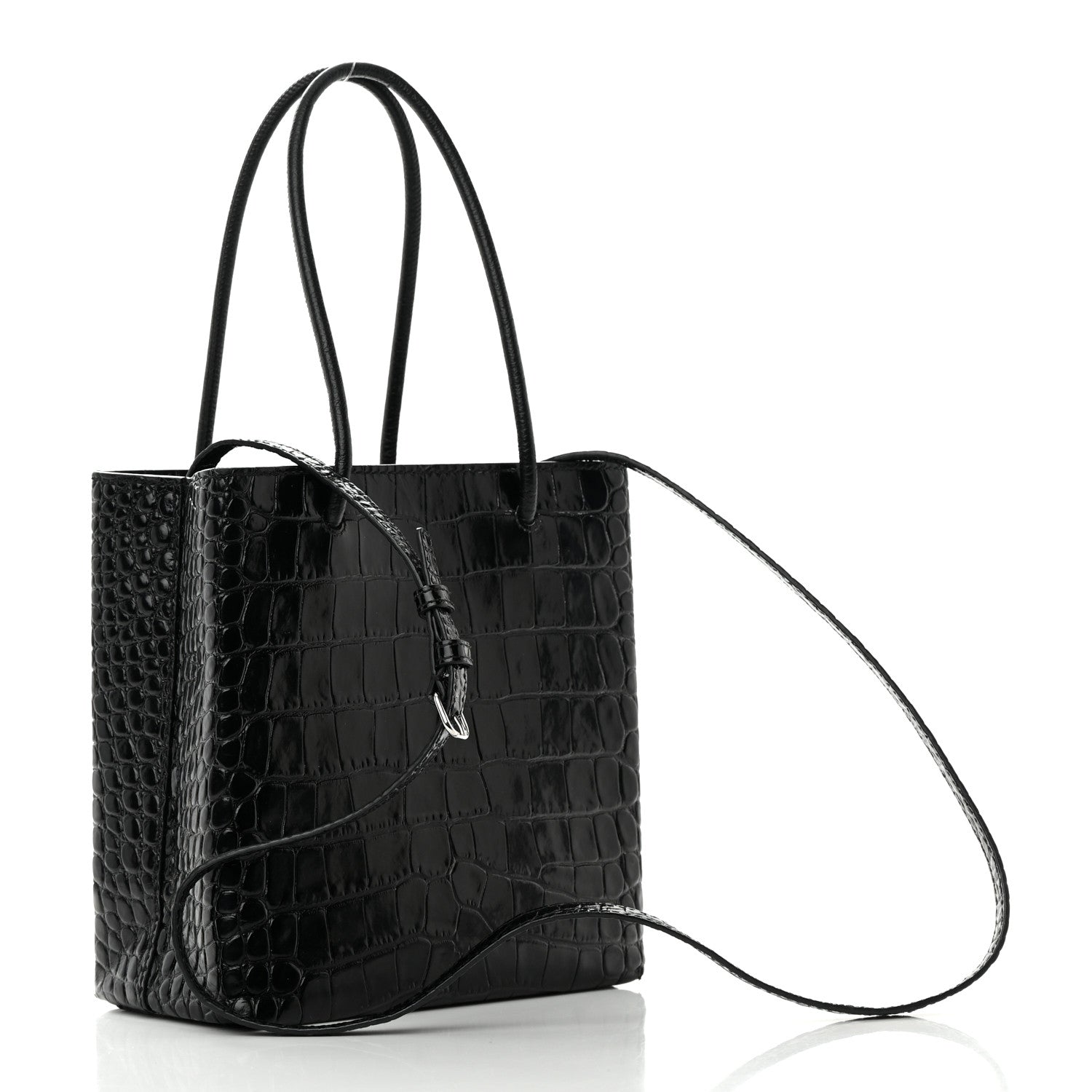 Balenciaga Shiny Calfskin Logo Crocodile Embossed North South Shopper Tote XXS Black White 3 of 15